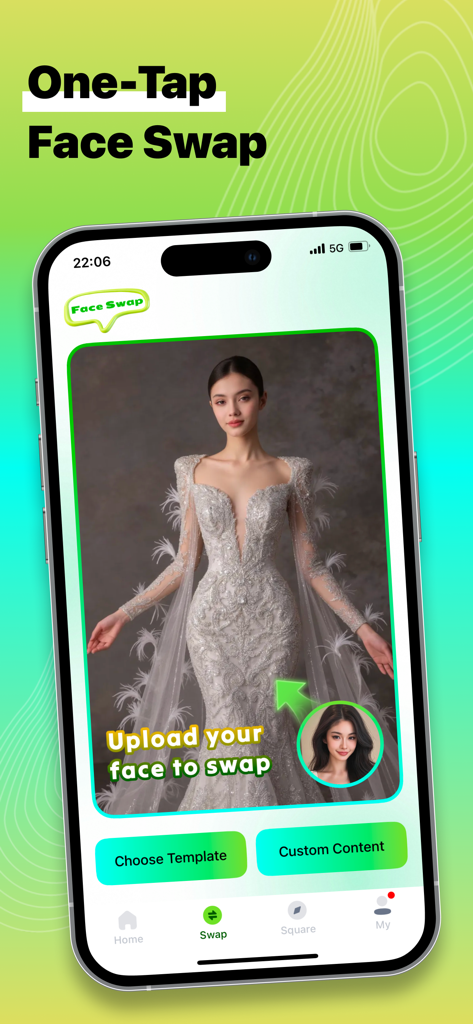 AI Twist - AI Twist app interface showing the one-tap face swap feature on an iPhone with a fashion template