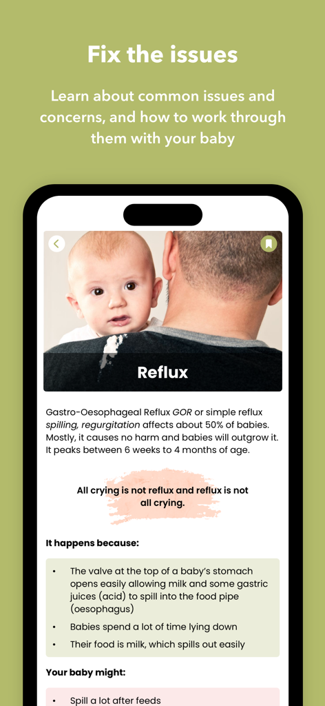 BreastFedNZ - Educational screen from the BreastFedNZ app explaining the causes and symptoms of baby reflux with supportive health advice.