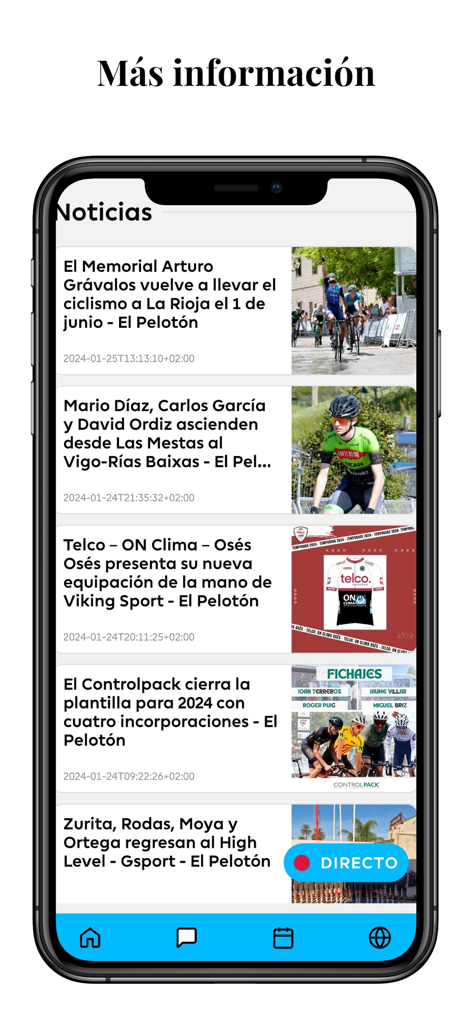 A mobile news feed in the El Peloton app showing cycling race updates and team signings