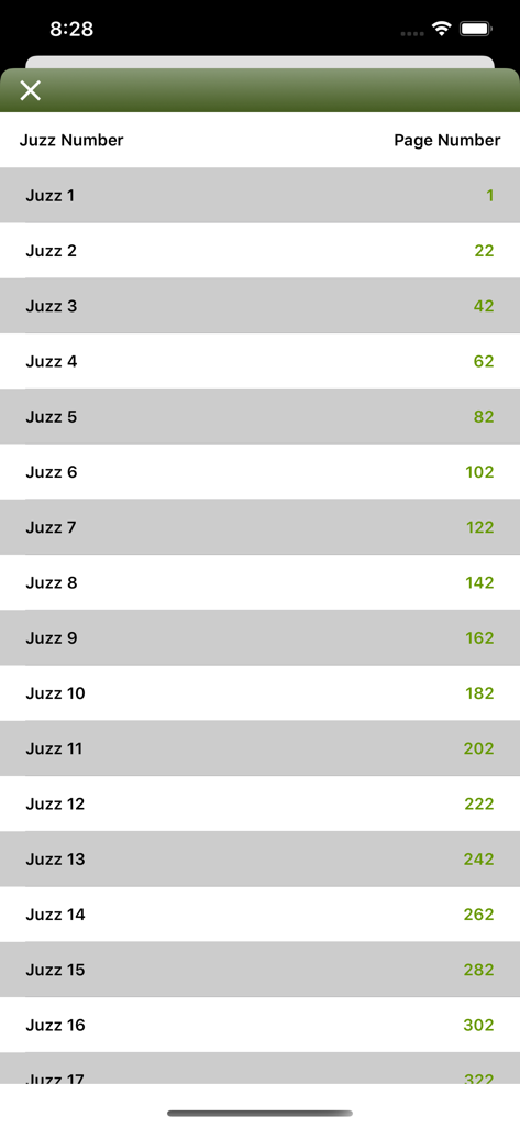 Quran Madina قرآن المدينة‎ - List of Juzz numbers and starting page numbers in the Quran Madina app for easy navigation