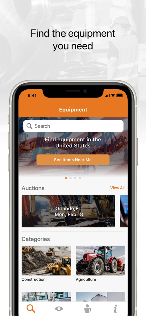 Ritchie Bros. - Ritchie Bros mobile app home screen showing heavy equipment auctions and categories
