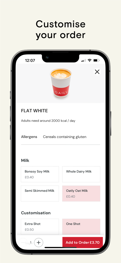 GAIL's Bakery - Schermata mobile che mostra il menu di personalizzazione dell'app GAIL's Bakery per un flat white con opzioni di latte e colpo d'espresso.