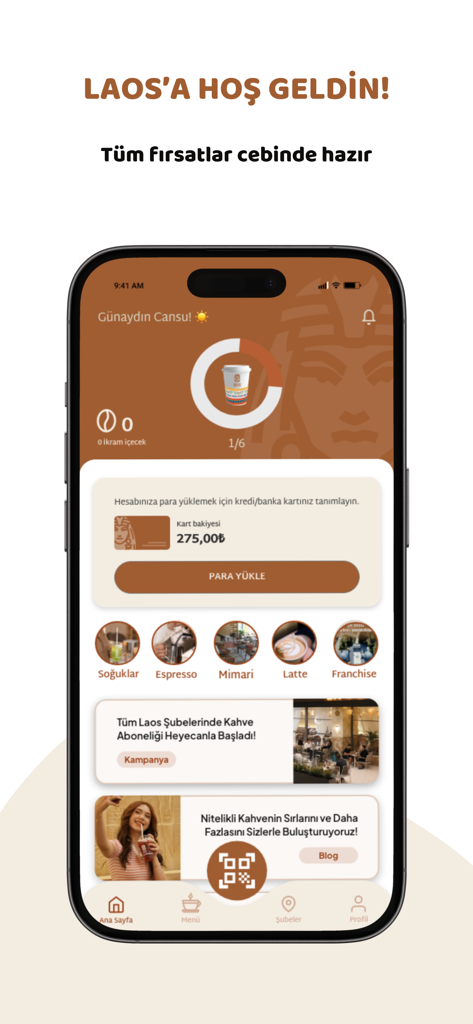 Laos Coffee - Tela inicial do aplicativo móvel Laos Coffee mostrando o progresso das recompensas de fidelidade e os recursos da carteira digital