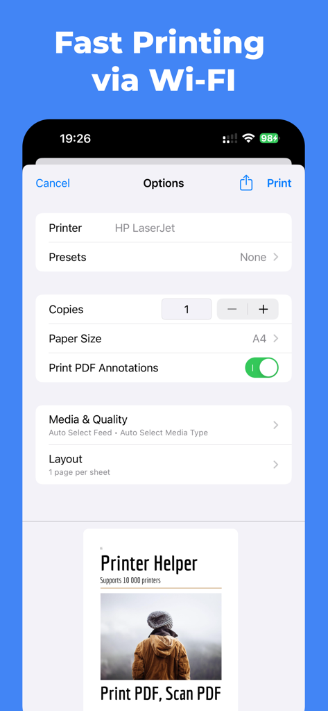 Print Helper App - Interfaz de la aplicación móvil mostrando opciones de impresión que incluyen selección de impresora, tamaño de papel y vista previa del documento para impresión inalámbrica