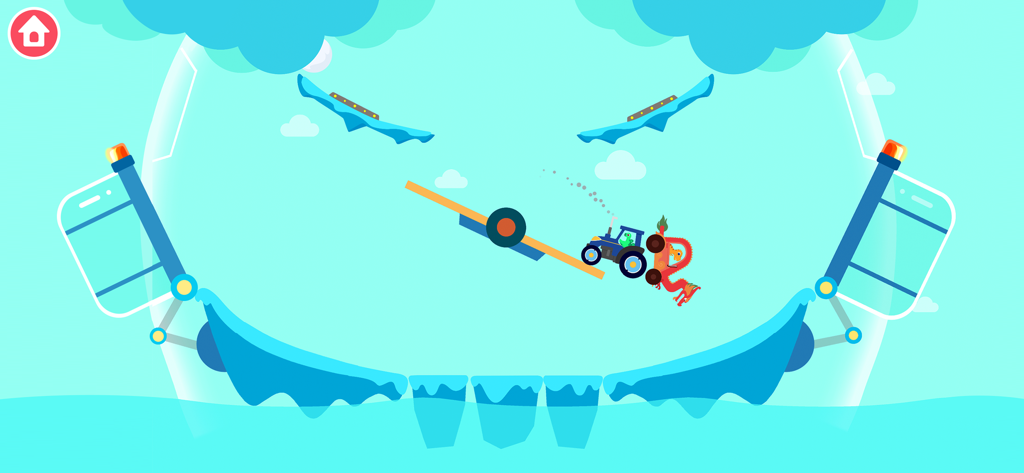 Un dinosaure conduisant un tracteur sur une rampe à l'intérieur d'un stade futuriste dans Dinosaur Smash Bumper Cars.