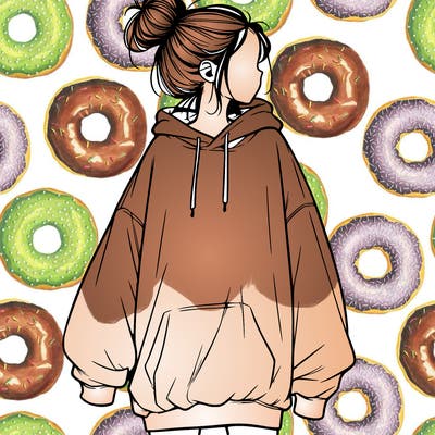 realistic girl with a oversized sweatshirt on and a bun