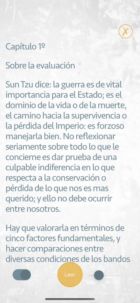Reading interface of the El Arte de la Guerra app showing Chapter 1 in Spanish