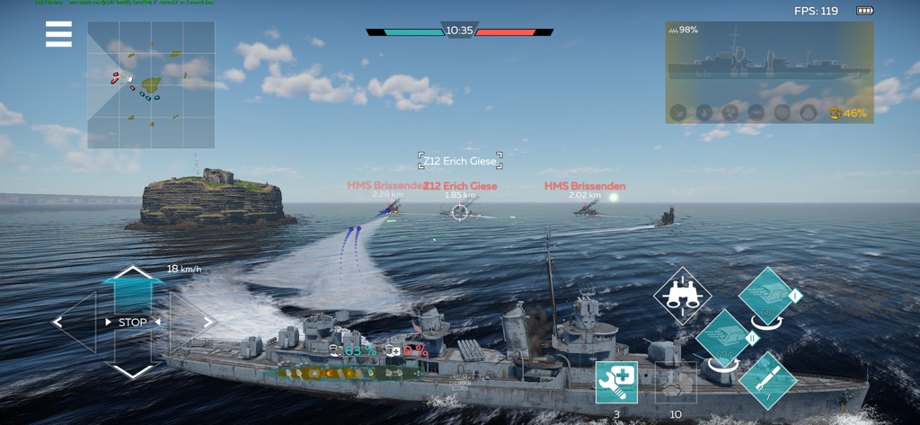 Realistic naval combat gameplay in War Thunder Mobile showing a destroyer engaging enemy warships on the open sea