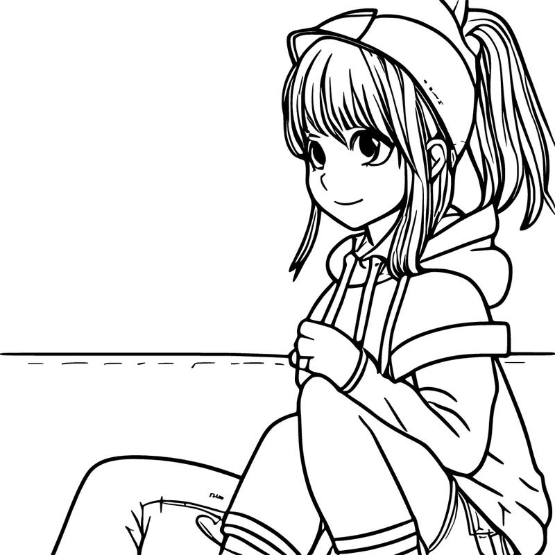 manga girl with hoodie, jean shorts and has a bunny mask on