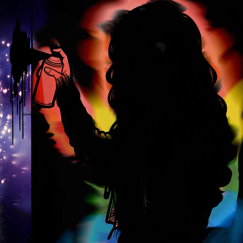 realistic girl with mask spray painting a wall