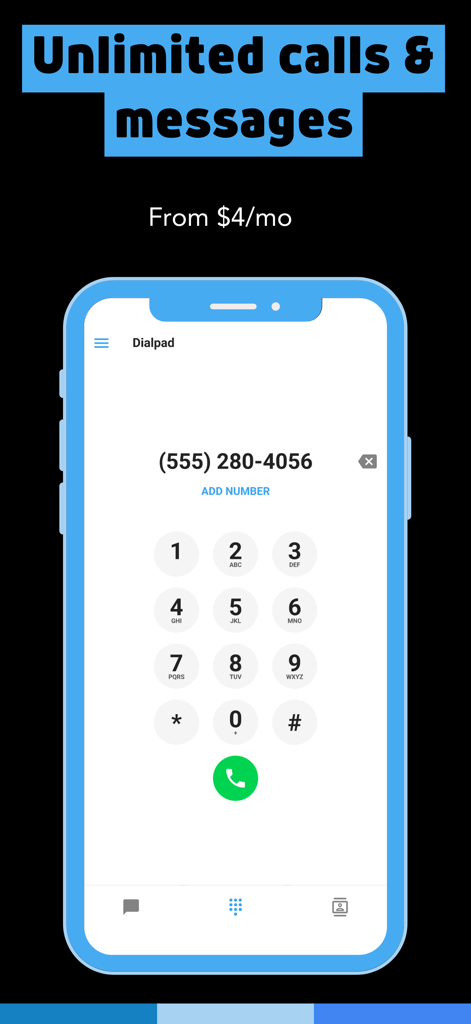 Phone2: Business Phone Number - Smartphone screen showing the Phone2 business app dialpad for unlimited calls and messages