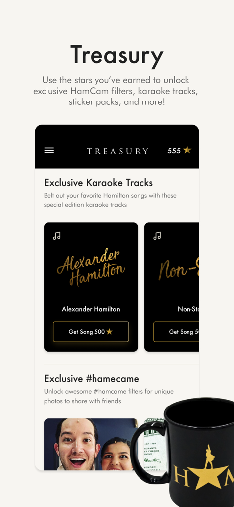 Hamilton - The Official App - Tela de recompensas do Tesouro do aplicativo oficial Hamilton exibindo faixas de karaokê exclusivas e recompensas de estrelas