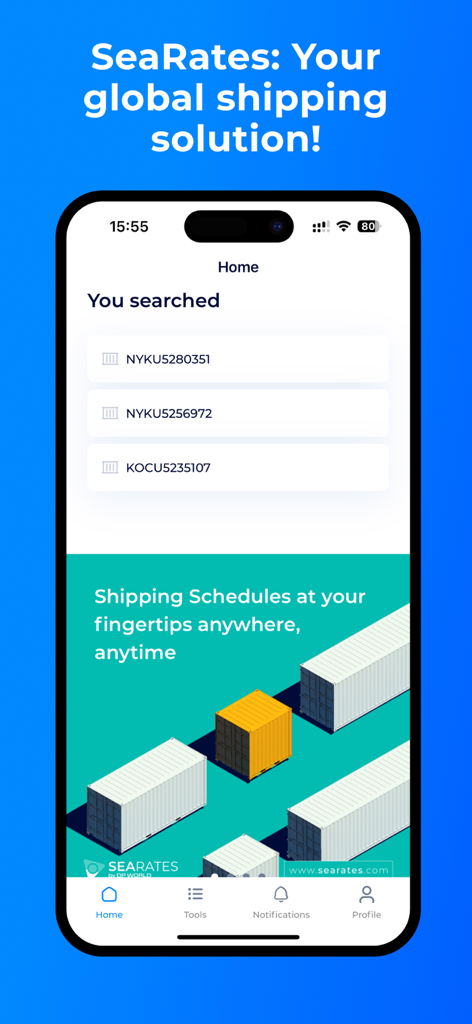 Interface do aplicativo móvel SeaRates mostrando histórico de rastreamento de contêineres e banner de cronogramas de envio