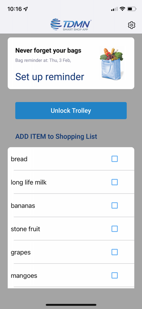 sMart Shop App - Interface of sMart Shop App with trolley unlock button and digital shopping list