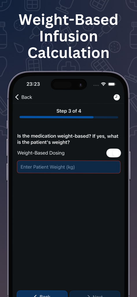 Interface for entering patient weight in kilograms for weight-based dosing calculations.
