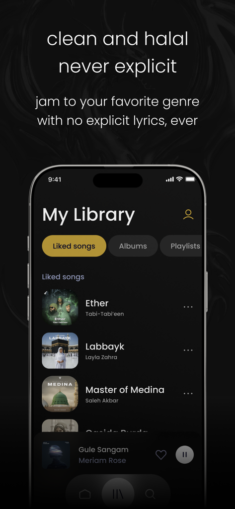 Mystic Meditation Records - A mobile app interface showing a music library of clean and halal Islamic nasheeds.