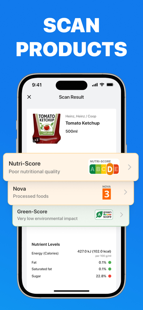 QR Code Reader & Barcode Maker - A mobile screen showing scan results for a food product including nutri-score and nutrient levels
