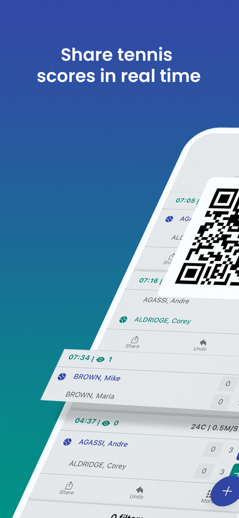 IONSport (iOnCourt) - iOnCourt app screen showing live tennis scores and a QR code for sharing match results