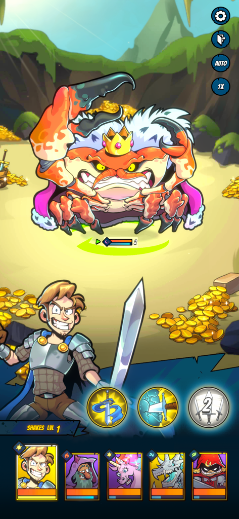 Mobile Dungeon: RPG Crawler - Battle scene in Mobile Dungeon featuring Shakes fighting a giant crowned crab boss in a treasure room