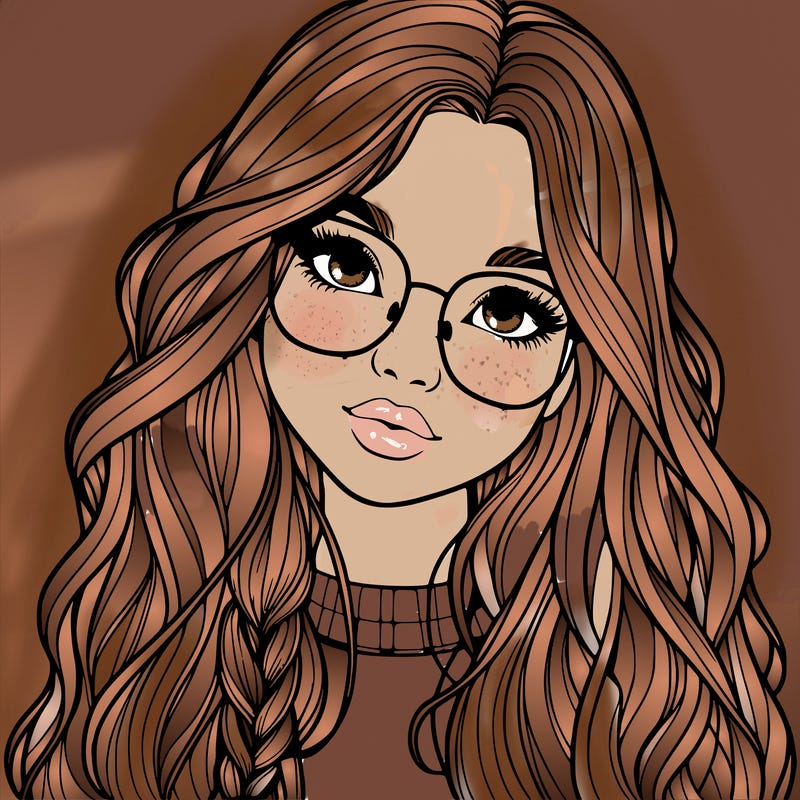 girl with long hair and freckles and glasses realistic