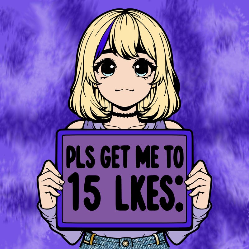 realistic girl holding up a sign that says “pls get me to 15 likes!”