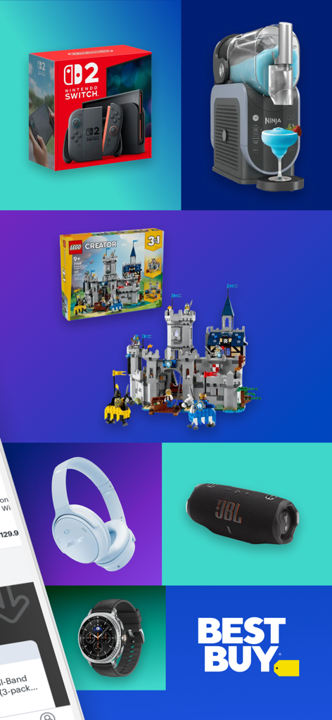 Best Buy app showcase featuring electronics, toys, and gadgets like Nintendo Switch, Lego, and headphones