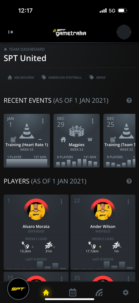 GameTraka - GameTraka mobile app dashboard displaying team performance statistics and individual player weekly load data