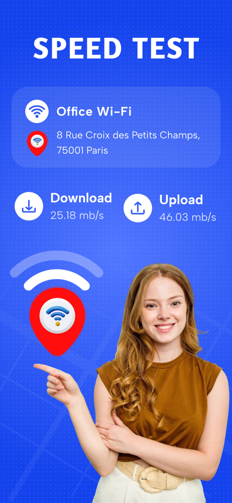 WiFi on Map : WiFi Finder - Screenshot of the WiFi on Map app showing download and upload speed test results for a verified hotspot in Paris