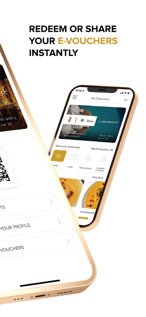 Pantalla de smartphone que muestra la interfaz de la aplicación Club Marriott Asia Pacific para canjear y compartir vales digitales para comer y estancias en hoteles.