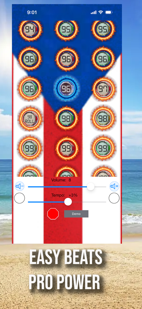 Reggaeton Roots Drum Loops - Reggaeton Roots Drum Loops mobile app screen with drum loop selection and tempo adjustment