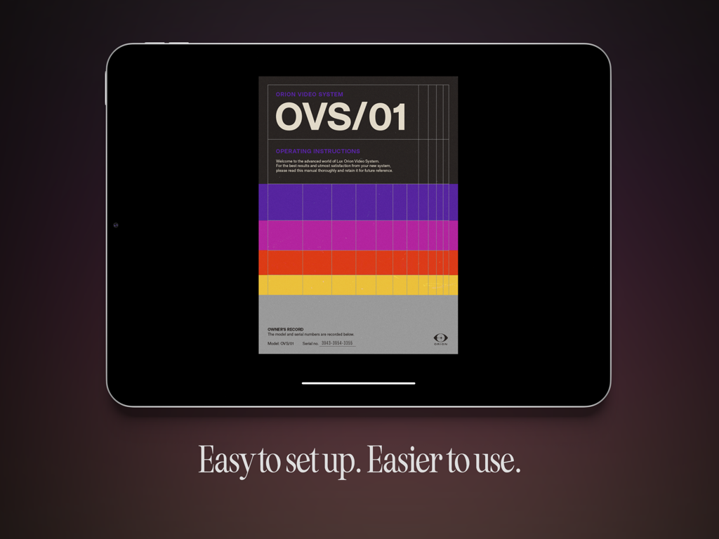 iPad zeigt die Orion HDMI Monitor App mit Retro-Bedienungsanleitungen und Texten zur einfachen Einrichtung.