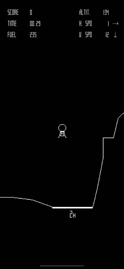 LunarLander! - A lunar lander module descending towards a flat landing zone on the moon in a retro vector graphics style.