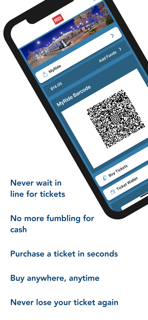 RTD MyRide - RTD MyRide app screenshot on a smartphone showing a scannable barcode for boarding Denver transit