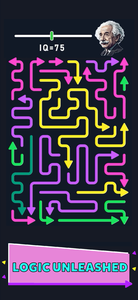 Arrowscapes - Arrows Puzzle - Un complejo nivel de entrenamiento cerebral en Arrowscapes que muestra flechas coloridas enredadas y un medidor de coeficiente intelectual.