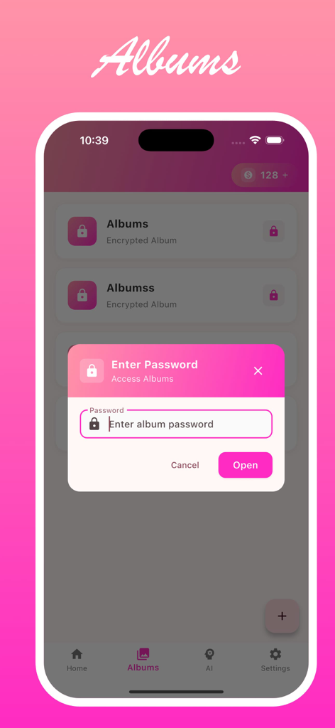 Rubbo app screenshot showing a password entry popup for access to encrypted private photo albums