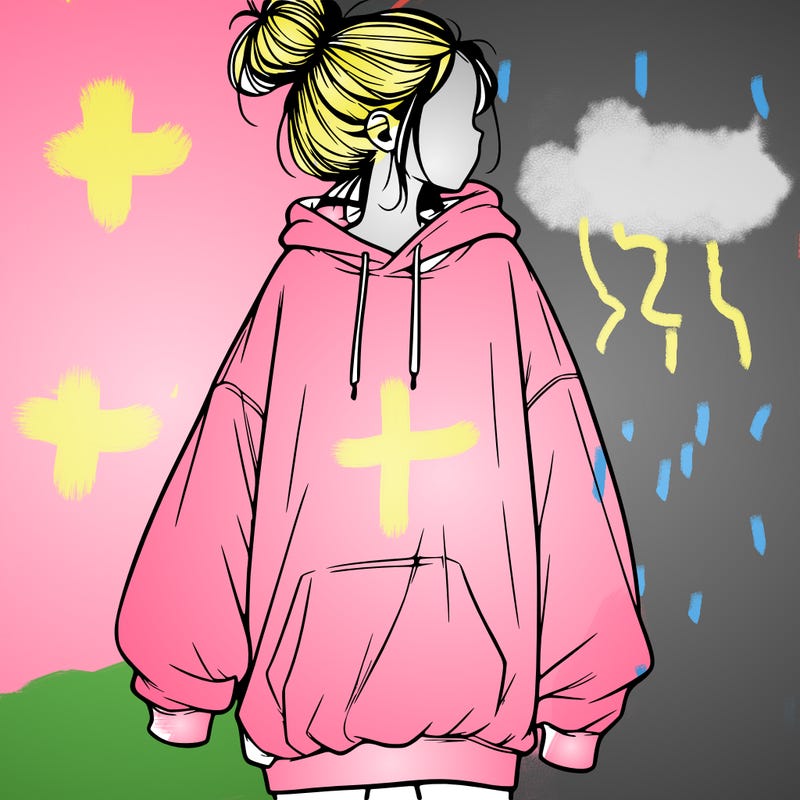 realistic girl with a oversized sweatshirt on and a bun