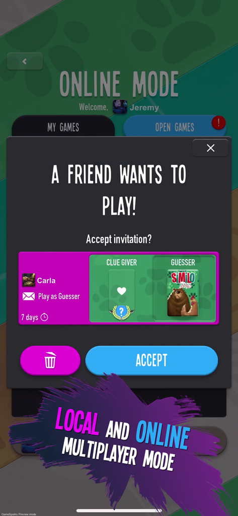 Similo: The Card Game - Similo Kartenspiel-App-Oberfläche, die eine Freundeseinladung für den Online-Multiplayer-Modus anzeigt