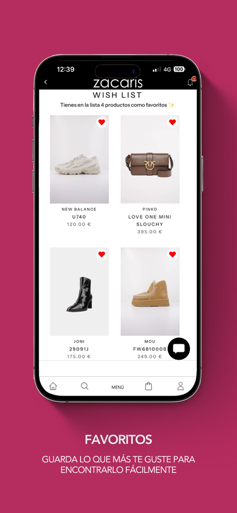Zacaris Zapatos Online - Zacaris mobile app interface showing a user wish list with saved shoes and accessories.