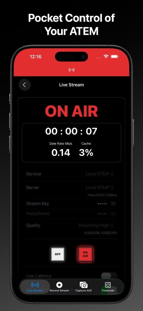 MixEffect (Trial & Pro Unlock) - MixEffect mobile app interface showing a live stream on air status with technical data and switcher controls