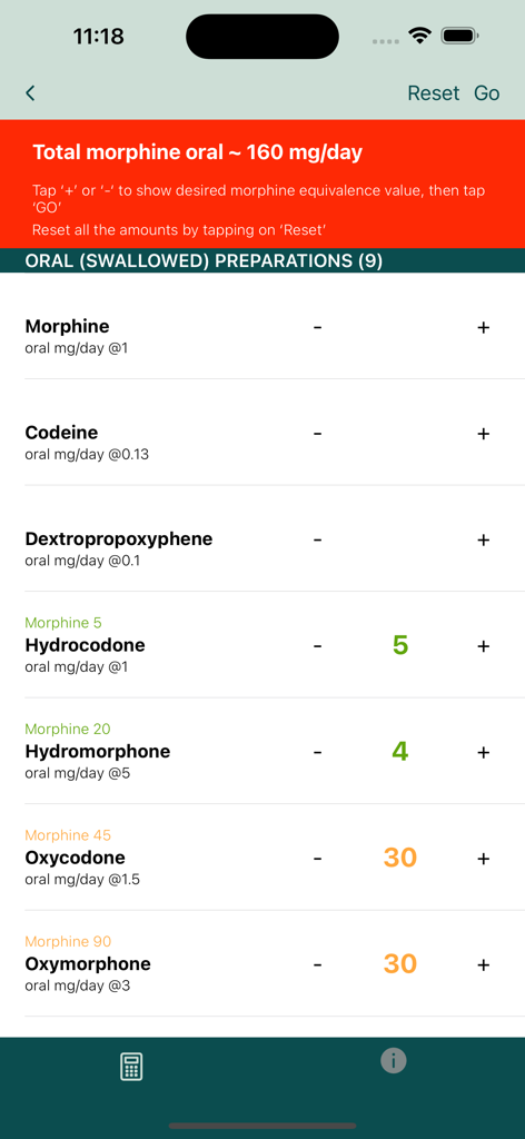 Opioid Calculator - Benutzeroberfläche der Opioid-Rechner-App mit verschiedenen oralen Medikamenten und deren Berechnung der Morphin-Äquivalent-Tagesdosis