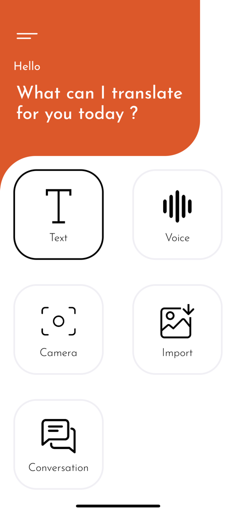 translator | مترجم اللغات - Hauptmenü der Übersetzungs-App mit Text-, Sprach-, Kamera-, Import- und Konversationsoptionen