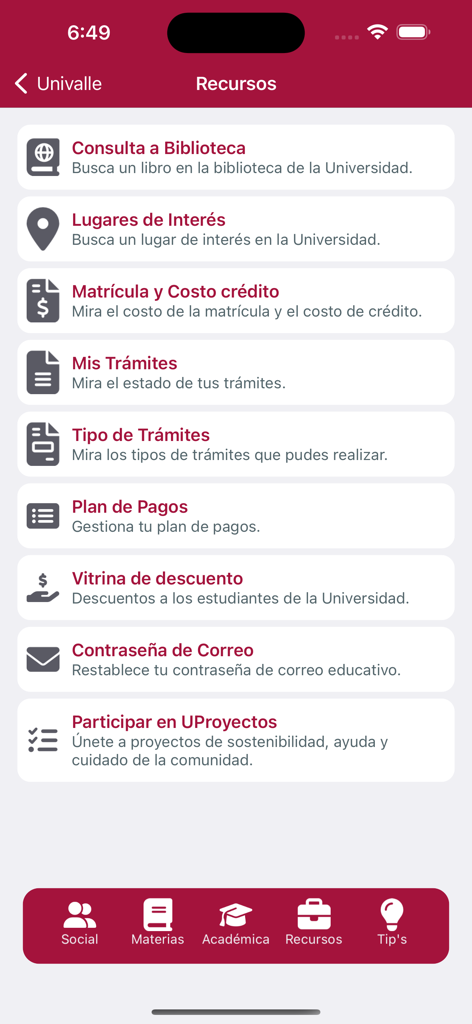 SIU - Pantalla de recursos de la app SIU Univalle que presenta servicios académicos y administrativos