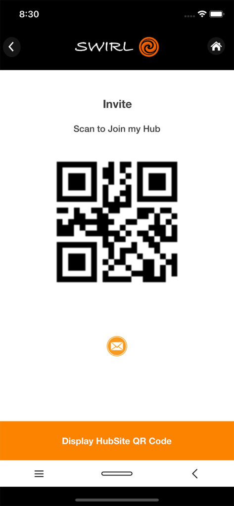 Swirl App - Swirl App invitation screen featuring a QR code to join a hub