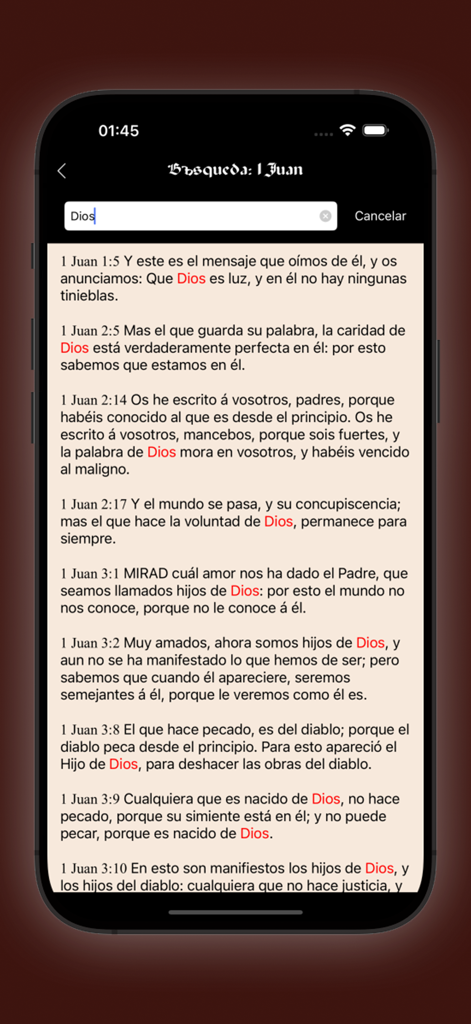 Spanish Bible - Reina Valera - Pantalla de resultados de búsqueda en la app Spanish Bible mostrando versículos de Primera de Juan con la palabra Dios resaltada en rojo
