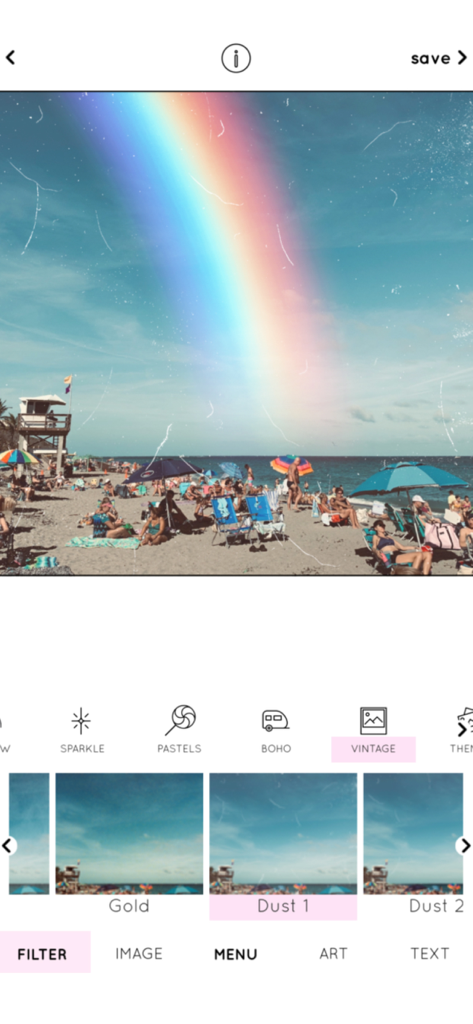 Rainbow Love - A beach photo edited with a rainbow overlay and a vintage dust filter in the Rainbow Love app.