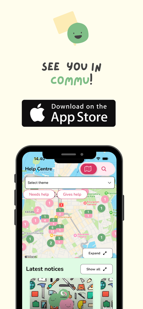 Commu - The Commu mobile app interface on an iPhone showing a map with local neighborhood help requests and offers.