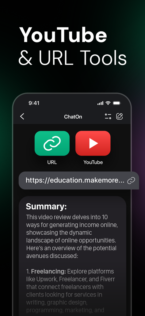 Interfaz de la aplicación móvil ChatOn AI que muestra un resumen de un video de YouTube a partir de un enlace compartido.
