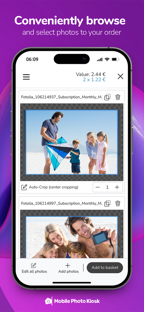 Interface of the Mobile Photo Kiosk app showing family photos selected for printing