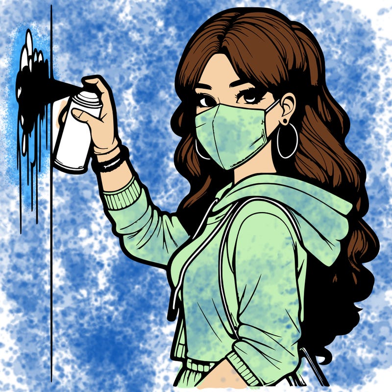 realistic girl with mask spray painting a wall