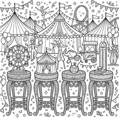 Dive into the festive chaos of a carnival with this unique coloring page featuring highly detailed counter stools. Explore a lively fairground filled with circus tents, performers, and classic attractions, all awaiting your creative touch.